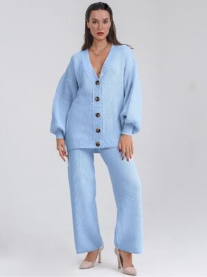 Baby blue Knitting Suit Hemp Flower Single-Breasted Knitted Cardigan+Pants