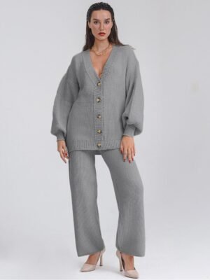 Gray Knitting Suit Hemp Flower Single-Breasted Knitted Cardigan+Pants