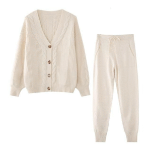 Beige Knitting Suit Hemp Flower Single-Breasted Knitted Cardigan+Pants one size