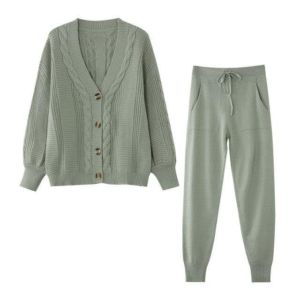 Mint Knitting Suit Hemp Flower Single-Breasted Knitted Cardigan+Pants one size