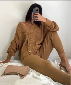 Dark Beige Knitting Suit Hemp Flower Single-Breasted Knitted Cardigan+Pants one size